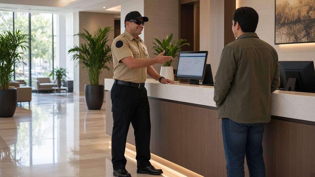 Security officer assisting a guest at a lobby front desk